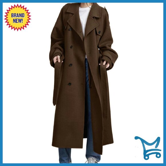 Women's Winter Wool Blend Trench Coat Double Breasted Belted Midi Length